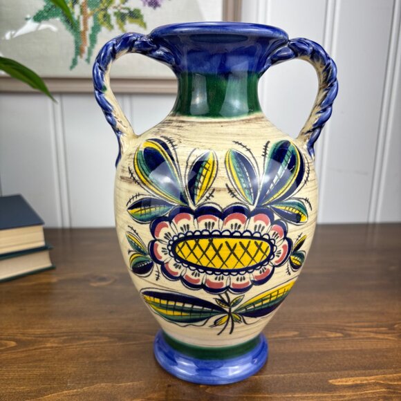 Vintage Jasba West German Vase Folk Art Pottery with Braided Handles 1960s - Picture 3 of 12